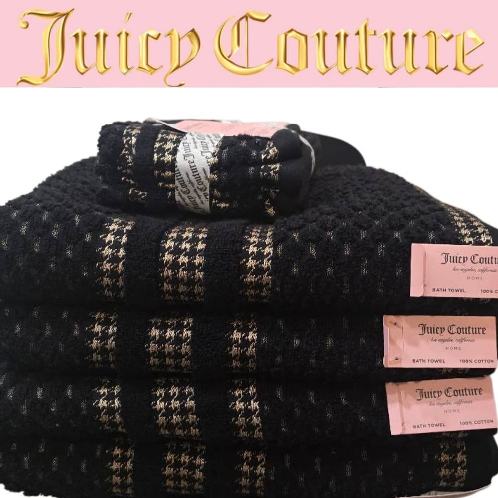 Juicy Couture Home Beaded Embossed Oversized Bath & Wash Towel Set- Black/Gold